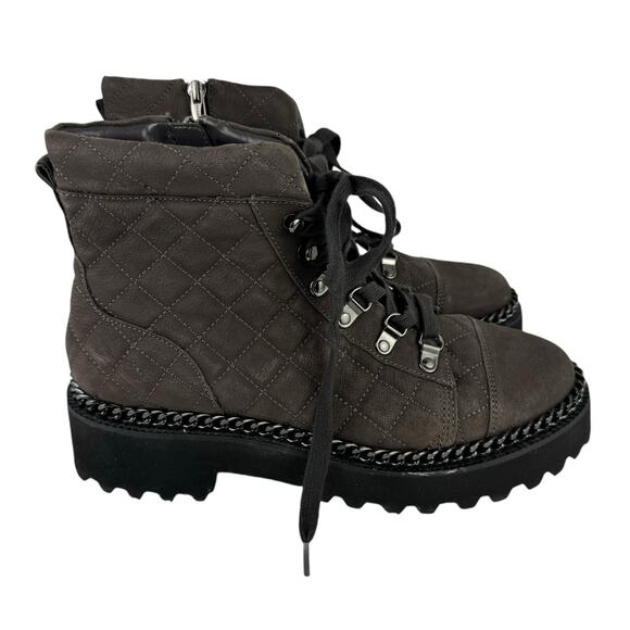 Vince Camuto Maissa Brown Leather Quilted Chain Embellished Combat Ankle Boots - Picture 3 of 11